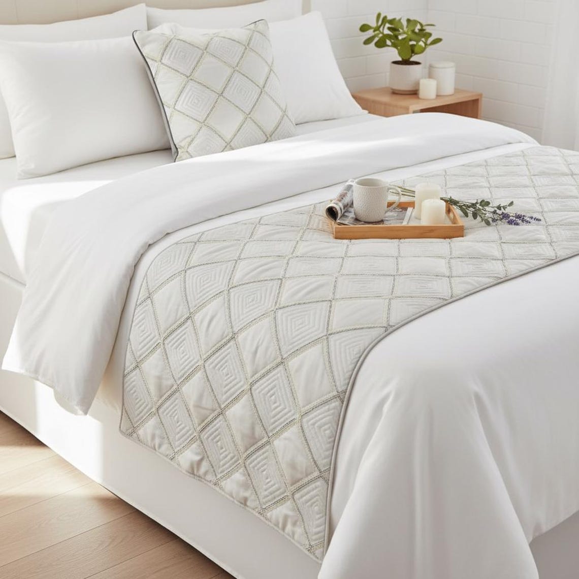 Delilah - Satin Ivory White Decorative Bed Runner and Pillow Cover