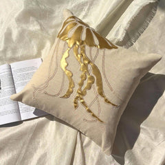 Gold Jellyfish - Natural Beige Cotton Linen Throw Pillow Cover