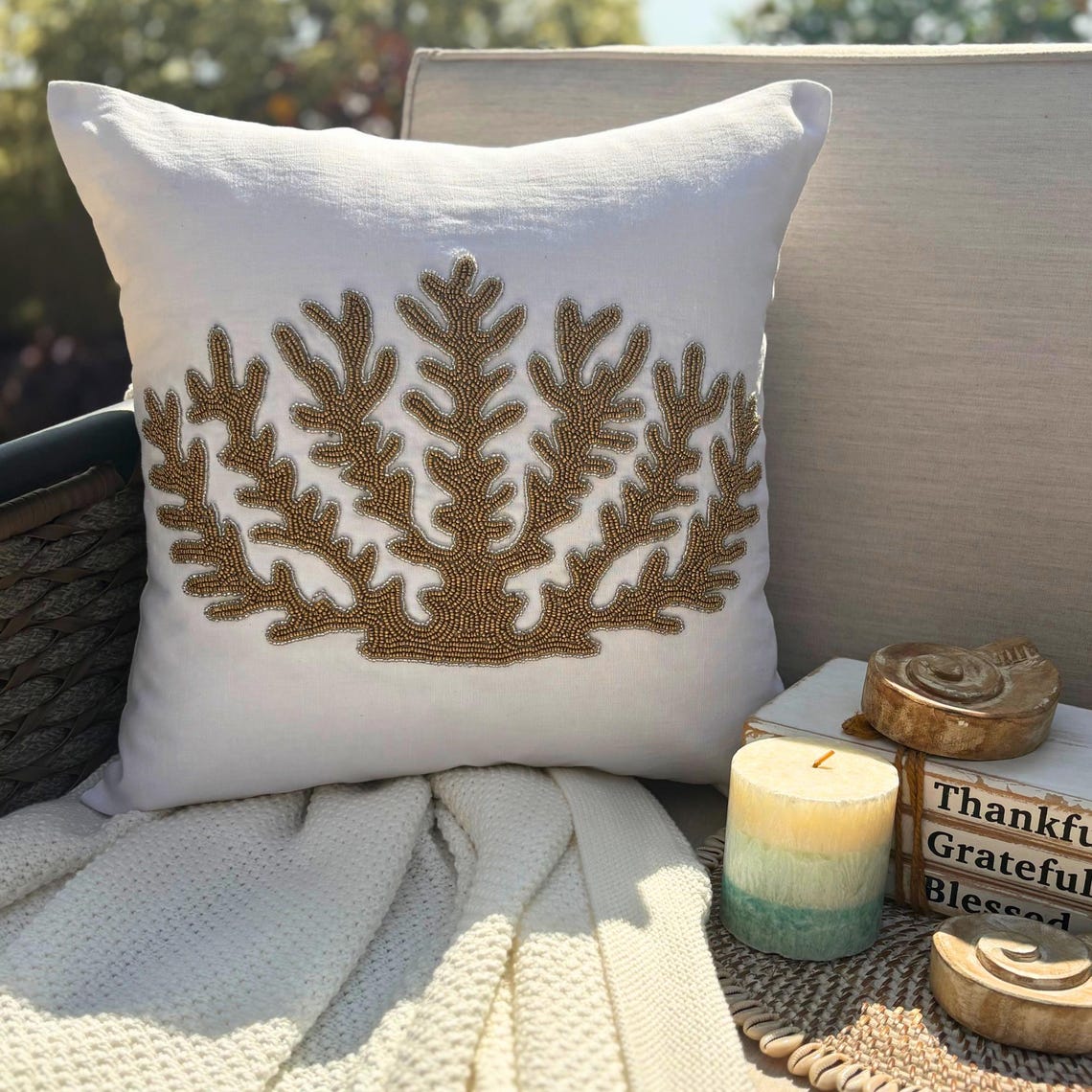Gold Coral Hunt - Ivory Cotton Linen Throw Pillow Cover