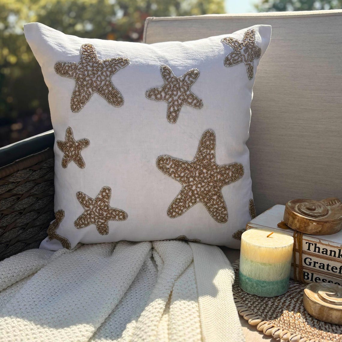 Gold Starfish - Ivory Cotton Linen Decorative Euro Sham