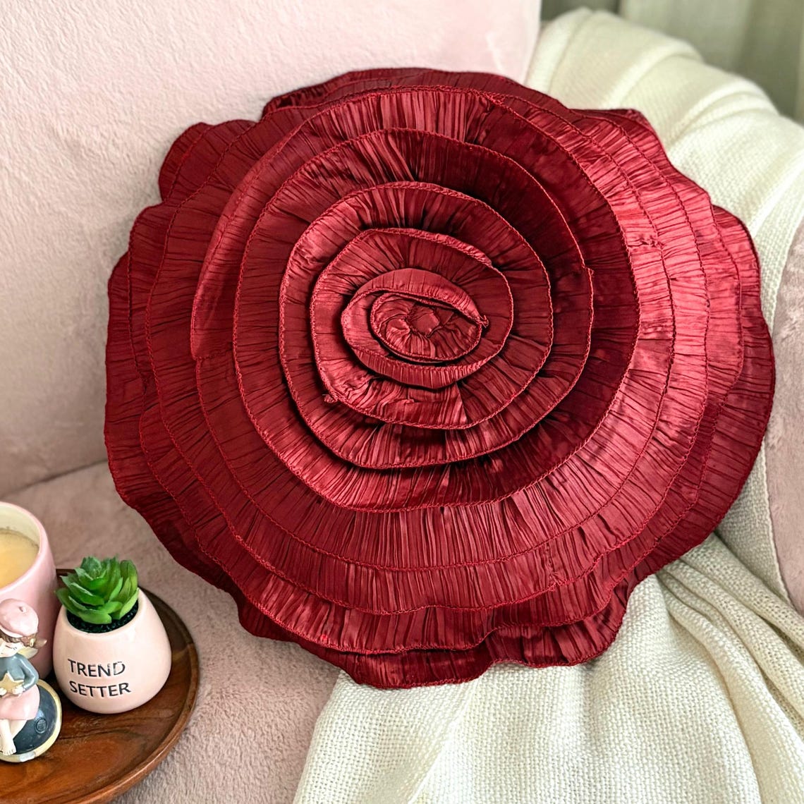 Rust Rose - Crushed Art Silk Rust Decorative Round Pillow Cover