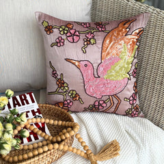 Colorful Birdy - Pink Art Silk Decorative Euro Sham