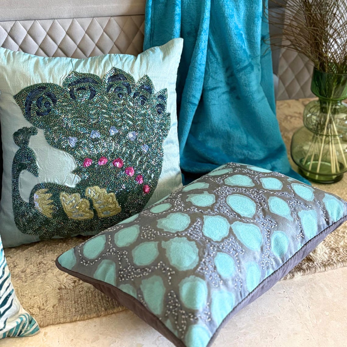 Shyam Teal Blue Jacquard Lumbar Pillow Cover