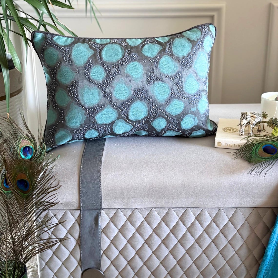 Shyam Teal Blue Jacquard Lumbar Pillow Cover