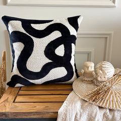 Black Cut Velvet Throw Pillow Cover - Mono Scrolls