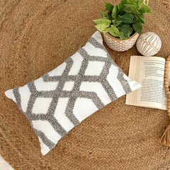 White Cotton Lumbar Pillow Cover - Interlace Trellis