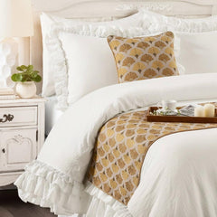 Autumn Bloom - Cotton Embroidery Beige & Yellow Gold Decorative Bed Runner and Pillow Cover