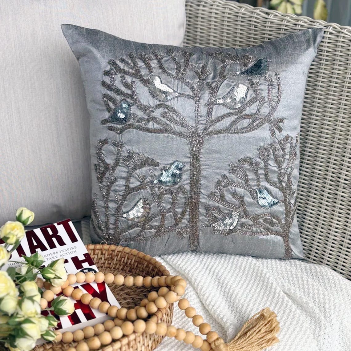 Silver Pigeons - Silver Art Silk Decorative Euro Sham