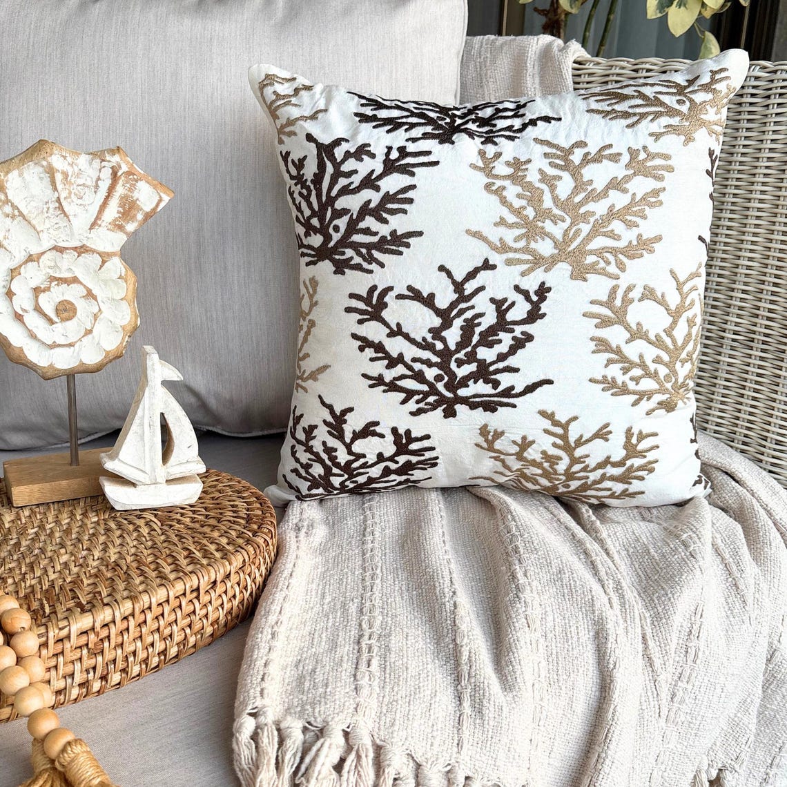 Tropical Corals - Brown Cotton Linen Decorative Euro Sham