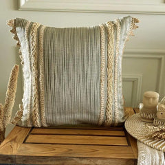 Beige & Green Jacquard Woven Throw Pillow Cover - Sandloom
