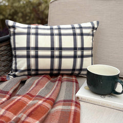 Navy & White Velvet Lumbar Pillow Cover - Comfort Plaid Navy