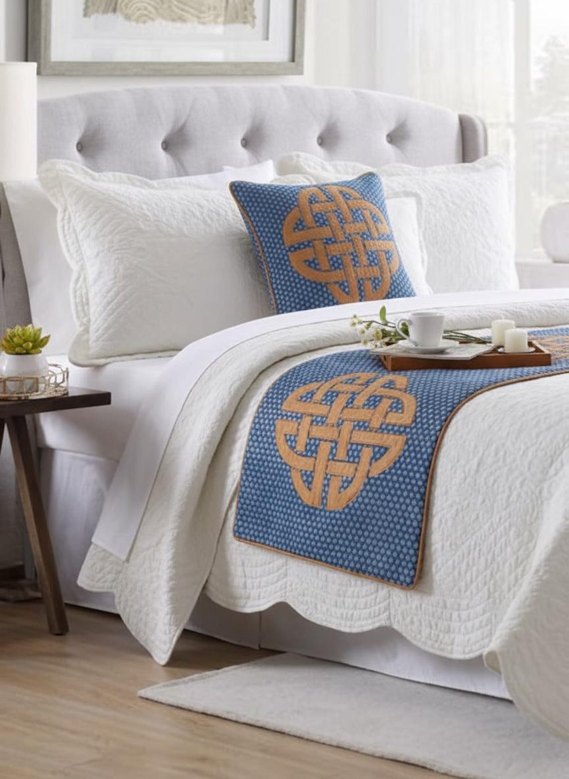Cotton Blue Decorative Bed Runner and Pillow Cover - Denim Love
