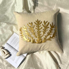 Gold Sea Weeds - Natural Beige Cotton Linen Throw Pillow Cover