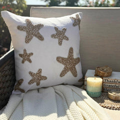 Ivory Cotton Linen Throw Pillow Cover - Gold Starfish