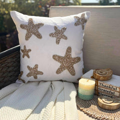 Ivory Cotton Linen Throw Pillow Cover - Gold Starfish