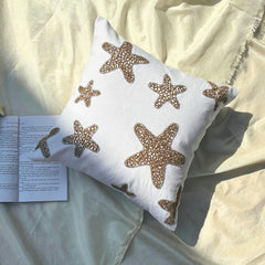 Ivory Cotton Linen Throw Pillow Cover - Gold Starfish