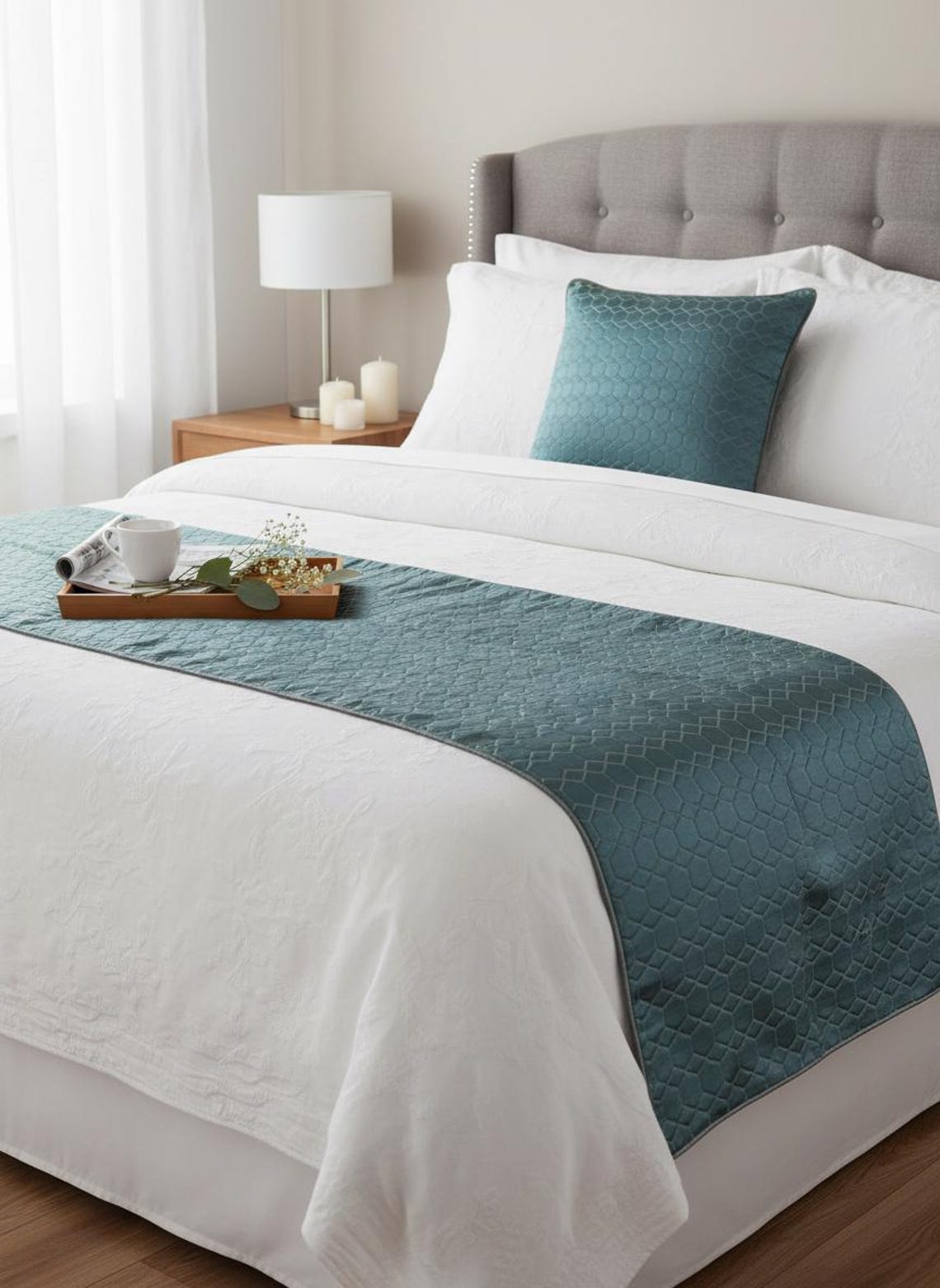Hexagon Lagoon Decorative Bed Runner with Pillow Cover
