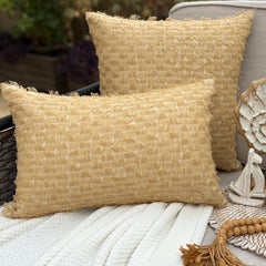 Beige Textured Jacquard Lumbar Pillow Cover - Sunwashed Fringe