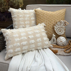 White & Beige Textured Jacquard Lumbar Pillow Cover - Ivory Fringe