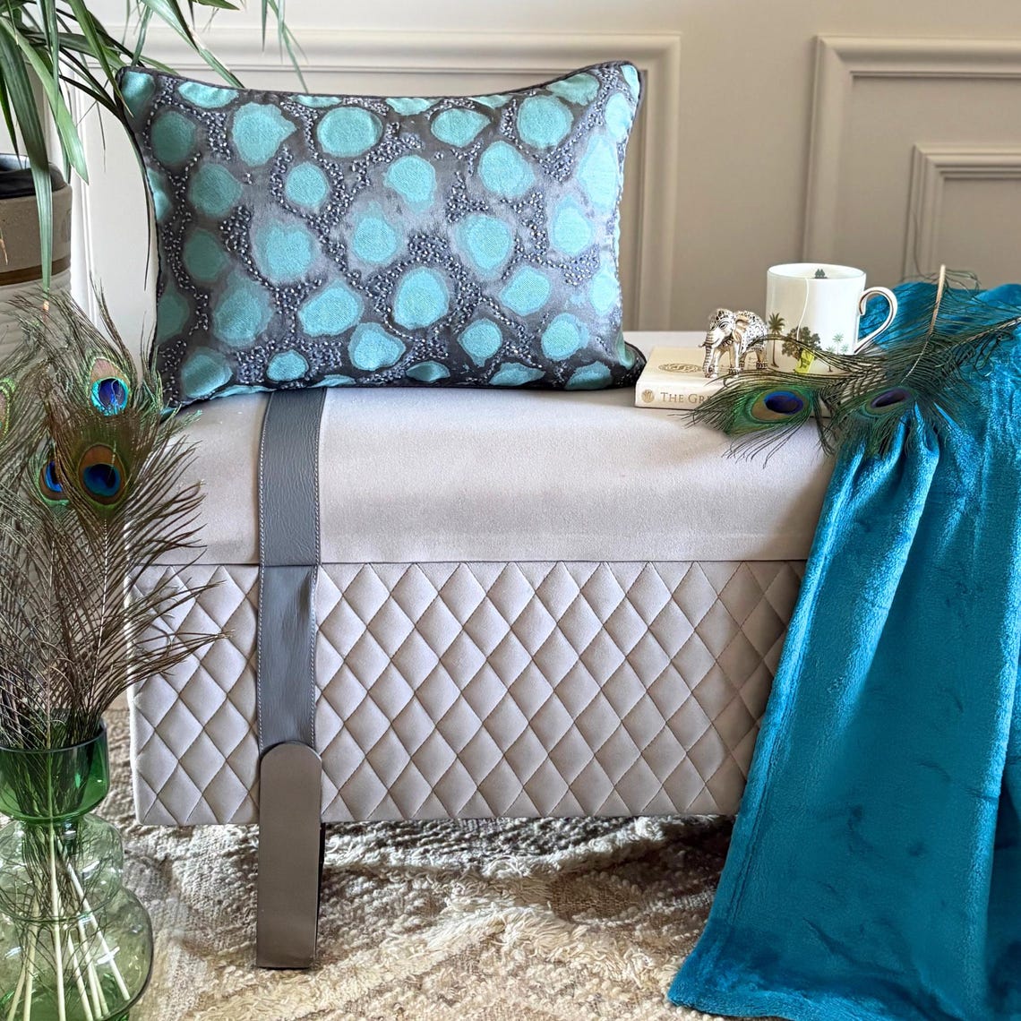 Shyam Teal Blue Jacquard Lumbar Pillow Cover
