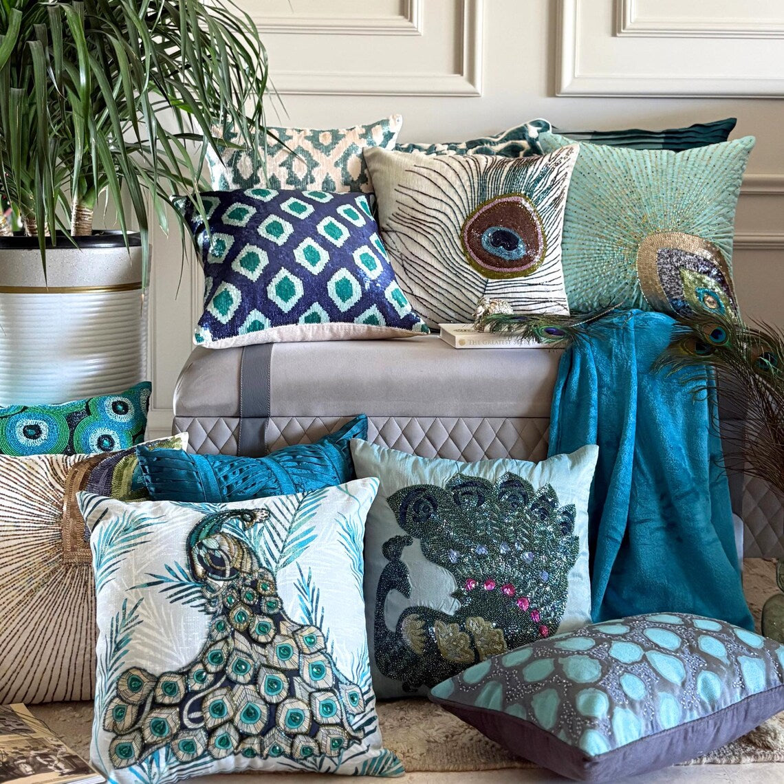 Shyam Teal Blue Jacquard Lumbar Pillow Cover