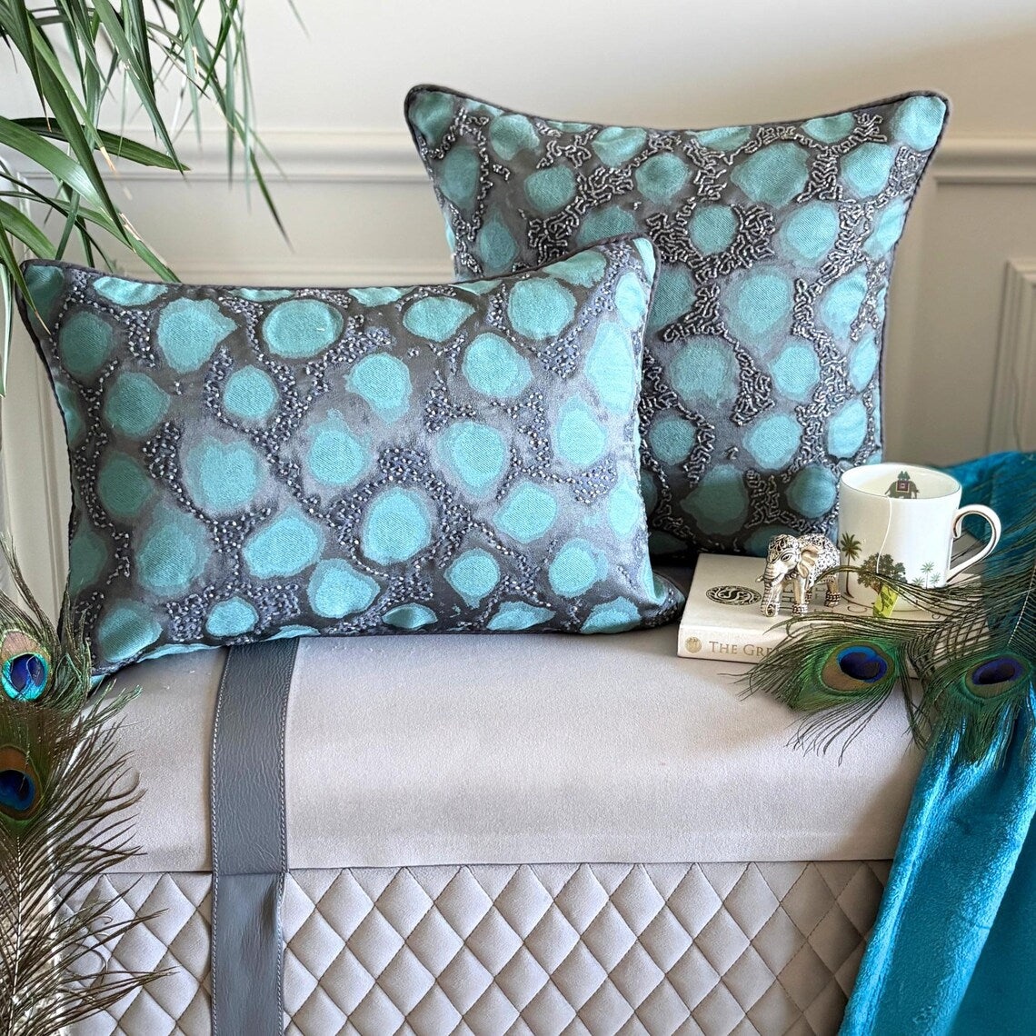 Shyam Teal Blue Jacquard Lumbar Pillow Cover