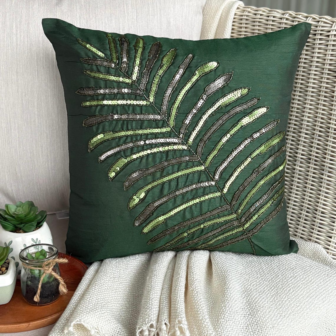 Floating Leaf - Dark Green Art Silk Decorative Euro Sham