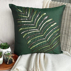 Floating Leaf - Dark Green Art Silk Throw Pillow Cover