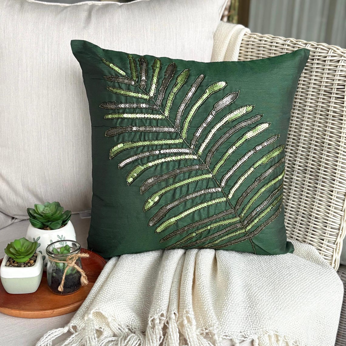 Floating Leaf - Dark Green Art Silk Throw Pillow Cover