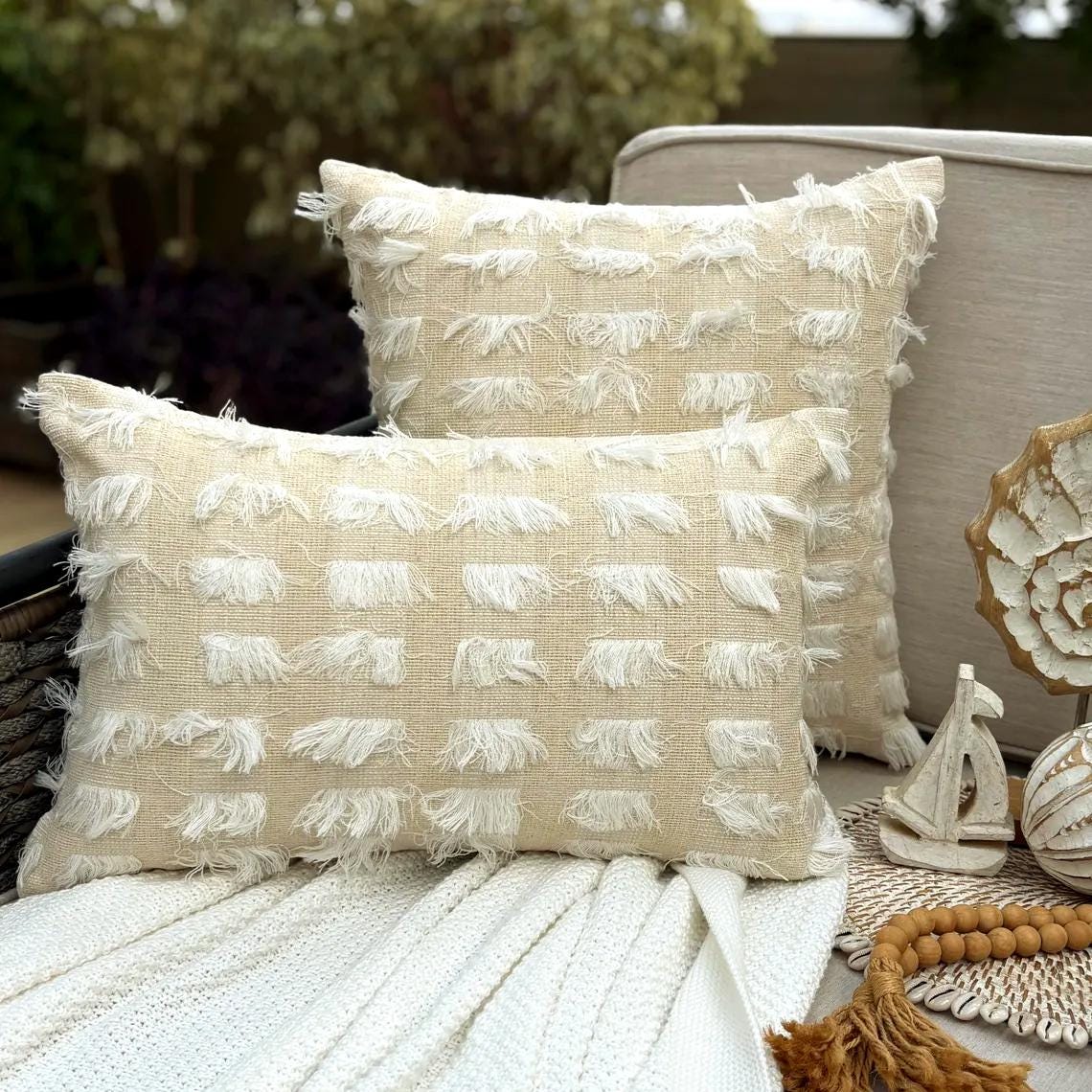 Ivory Fringe Lumbar Pillow Cover
