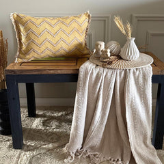 Mustard Yellow & Beige Jacquard Lumbar Pillow Cover - Golden Chevron