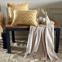 Mustard Yellow & Beige Jacquard Lumbar Pillow Cover - Golden Chevron