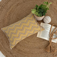 Mustard Yellow & Beige Jacquard Lumbar Pillow Cover - Golden Chevron