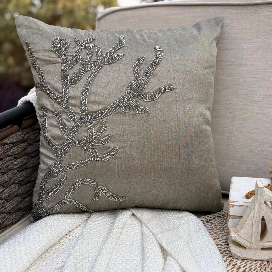 Coral Adornment - Gray Silver Art Silk Decorative Euro Sham