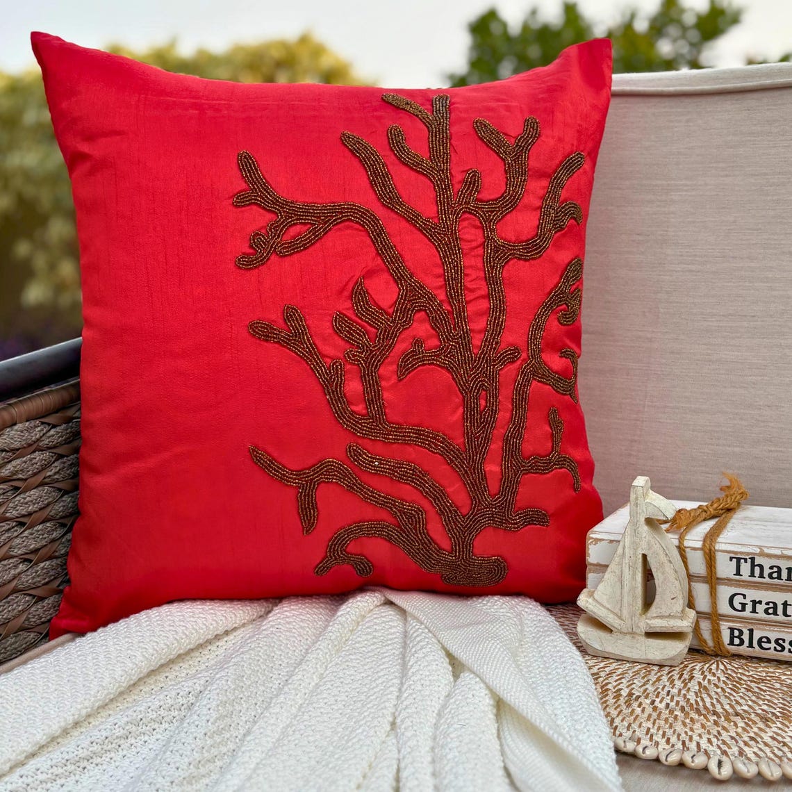 Red Art Silk Throw Pillow Cover - Coral Rhapsody