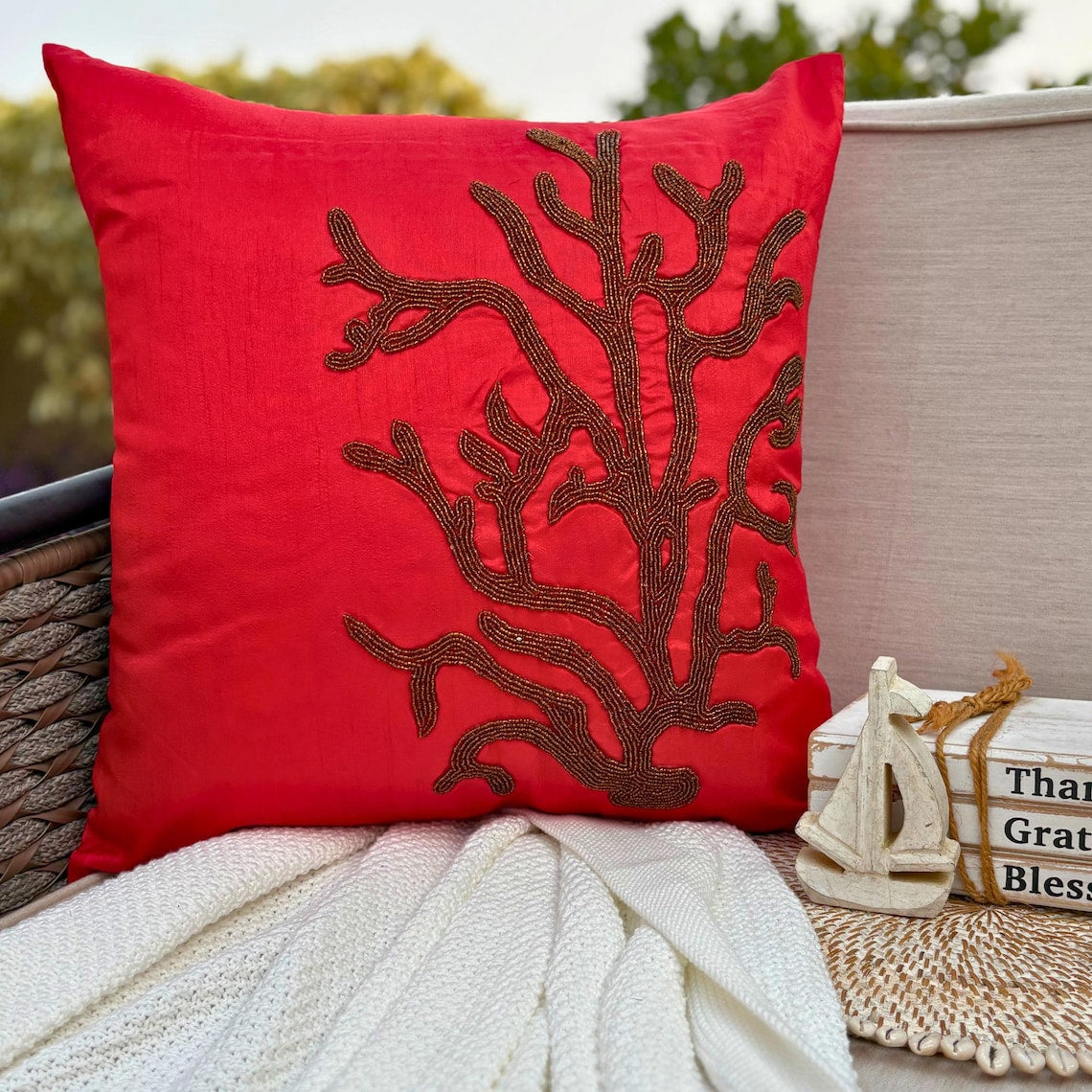 Coral Rhapsody - Red Art Silk Decorative Euro Sham