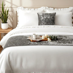 Foil Damask - Velvet Grey, Silver Decorative Bed Runner and Pillow Cover