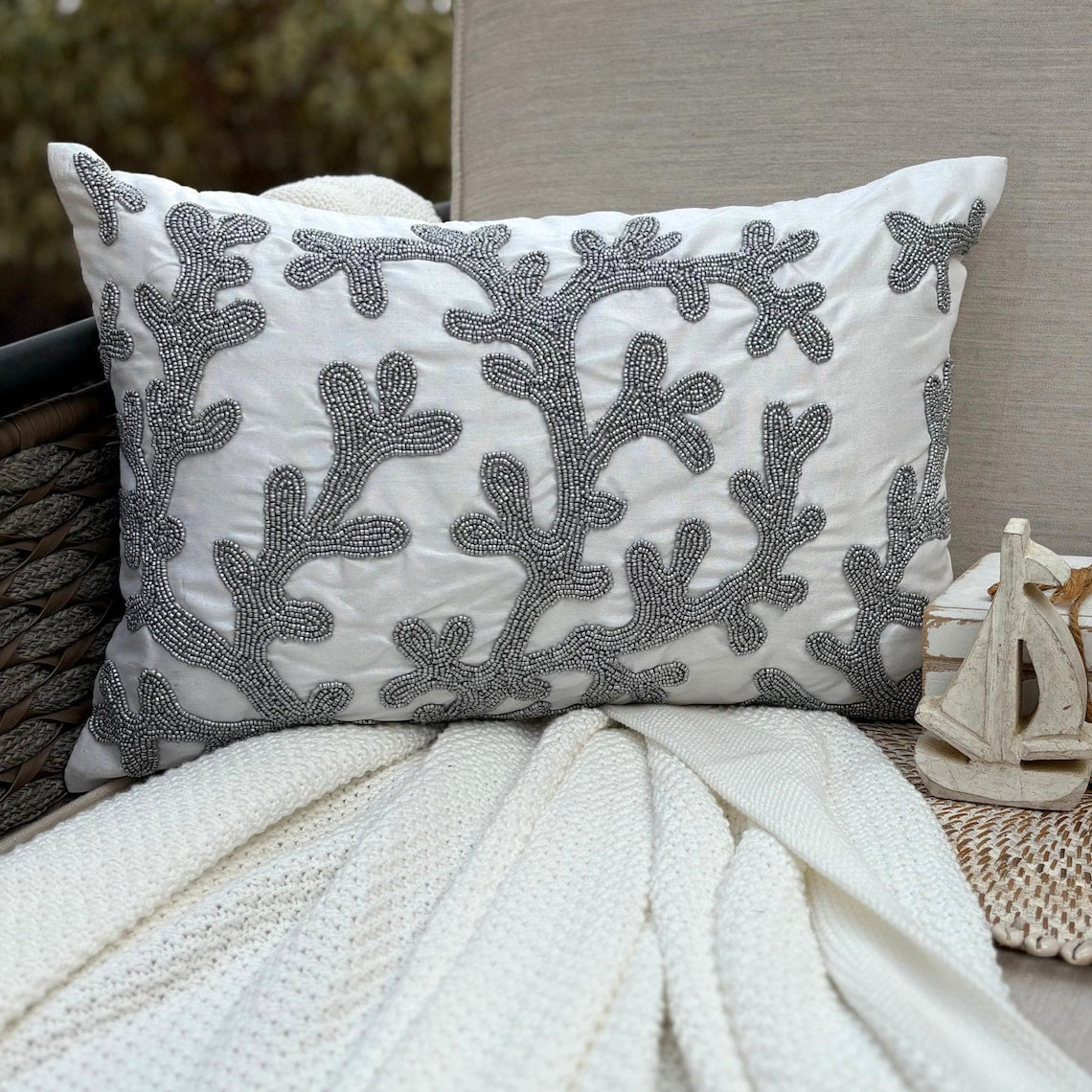 Art Silk White Decorative Lumbar Pillow Cover - Silver Corals