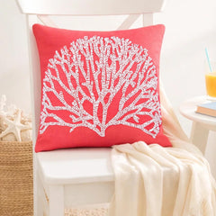 White Forest - Coral Pink Cotton Linen Throw Pillow Cover
