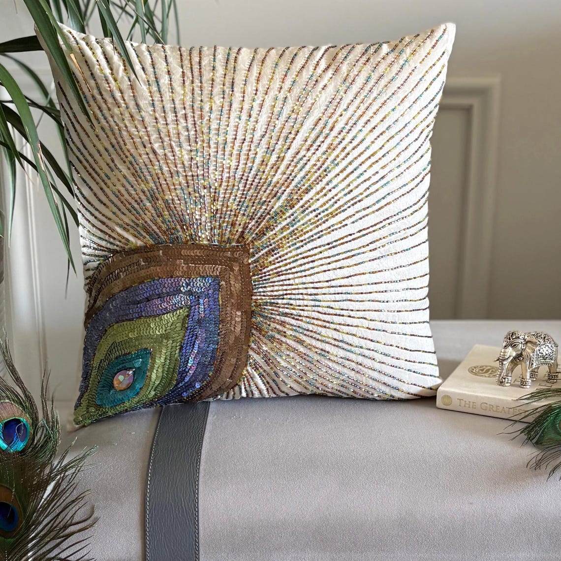 Peacock Beauty - Ivory Art Silk Decorative Euro Sham