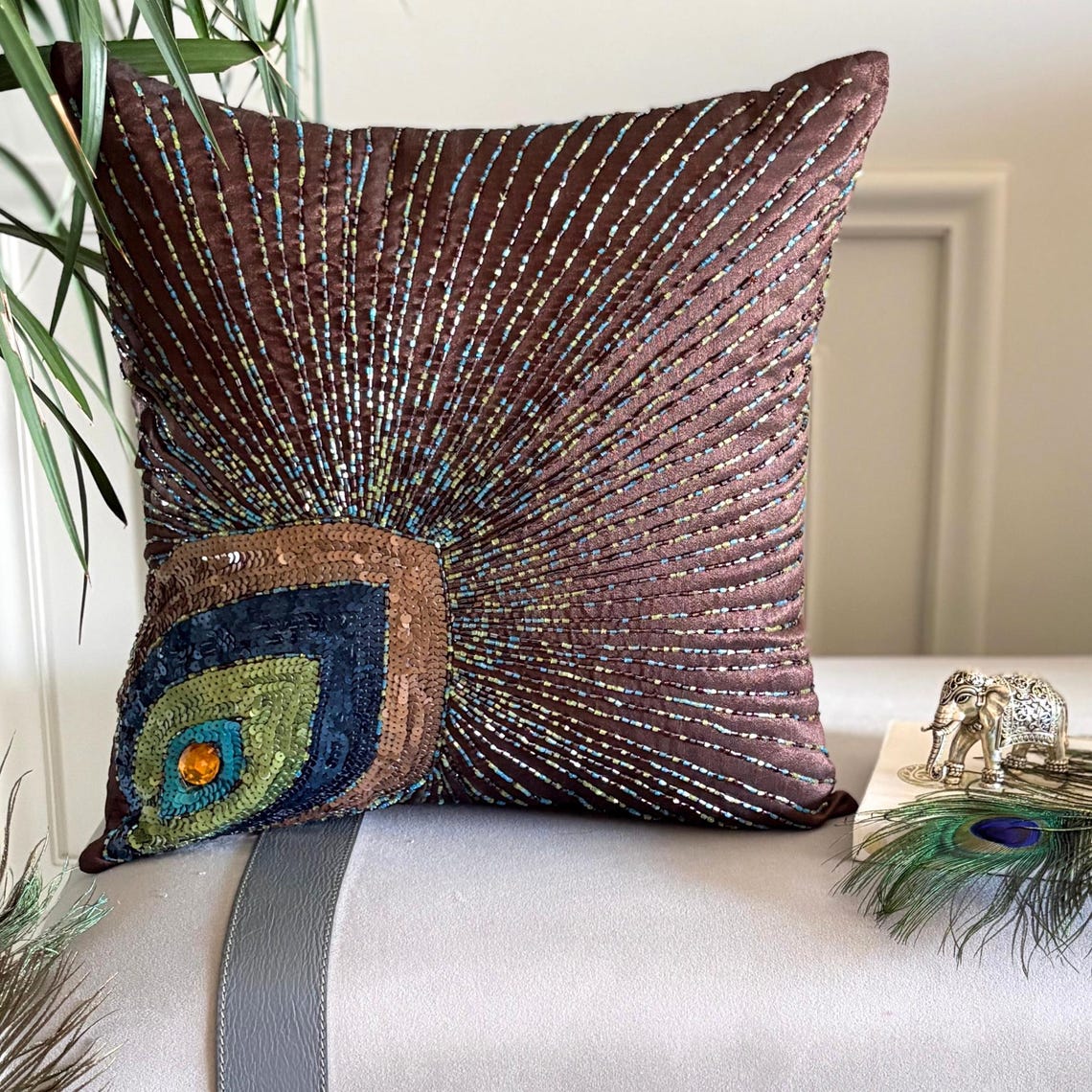 Peacock Sparkle - Brown Art Silk Decorative Euro Sham