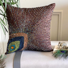 Peacock Sparkle - Brown Art Silk Decorative Euro Sham