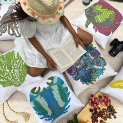 Under The Ocean - Blue Cotton Linen Throw Pillow Cover