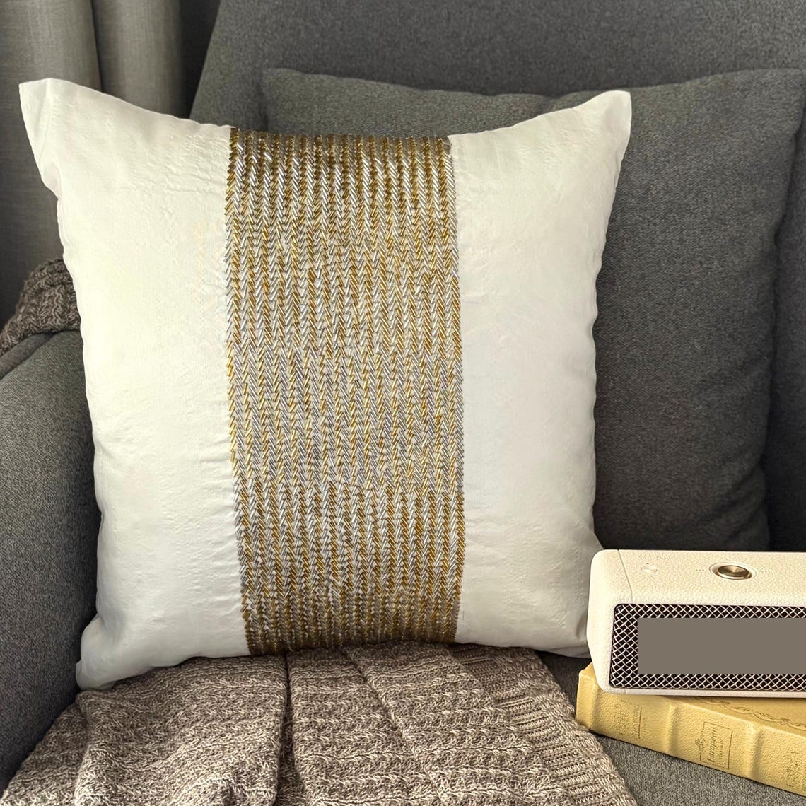 Gold Gleam - Ivory Art Silk Throw Pillow Cover