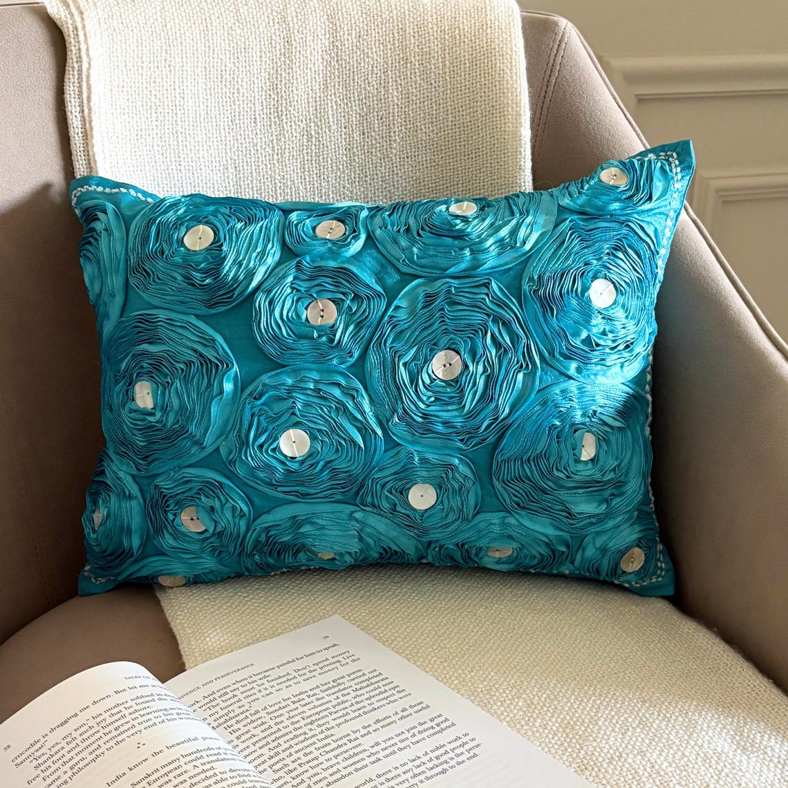 Aquamarine Roses - Art Silk Turquoise Decorative Lumbar Pillow Cover