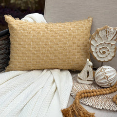 Beige Jacquard Throw Pillow Cover - Sunwashed Fringe