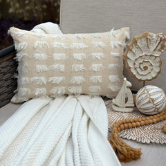 White & Beige Textured Jacquard Lumbar Pillow Cover - Ivory Fringe
