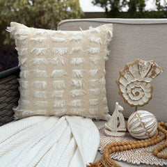 Beige & White Jacquard Throw Pillow Cover - Ivory Fringe