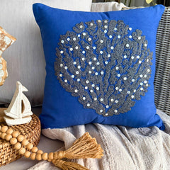 Along The Shore - Royal Blue Cotton Linen Decorative Euro Sham