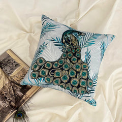 Art Nouveau Peacock - Teal Cotton Throw Pillow Cover